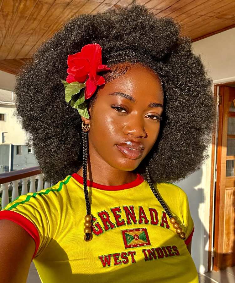 Mulher com cabelo afro volumoso decorado com flor vermelha, tranças finas com enfeites dourados, usando camiseta amarela estampada.