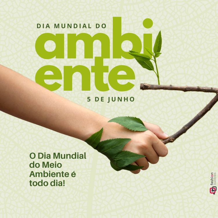 Imagem com fundo texturizado em verde claro. Braço segurando um galho com folhas simboliza conexão com a natureza. Texto em destaque: "Dia Mundial do Ambiente – 5 de junho". Frase complementar: "O Dia Mundial do Meio Ambiente é todo dia!".