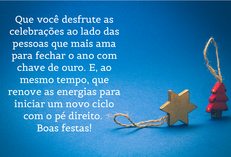 Foto de fundo azul com enfeite de estrela e árvore e frase: Que você desfrute as celebrações ao lado das pessoas que mais ama para fechar o ano com chave de ouro. E, ao mesmo tempo, que renove as energias para iniciar um novo ciclo com o pé direito. Boas festas!