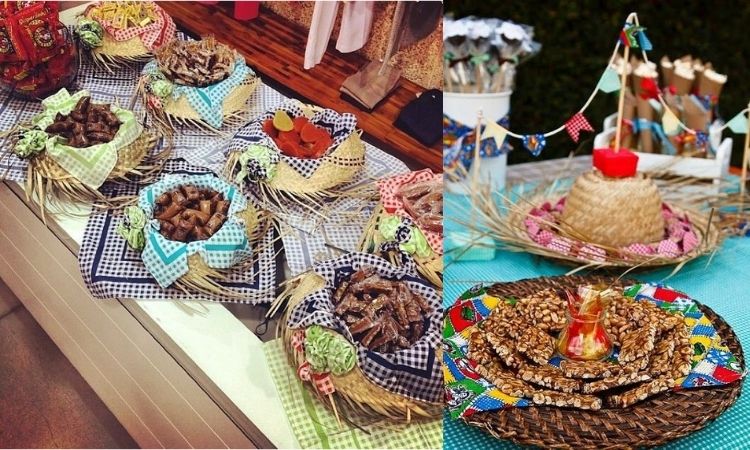 A imagem representa chapéus de palha decorados com doces dentro para festa junina
