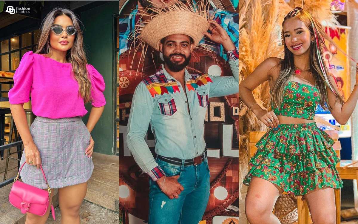 Montagem com 3 ideias de looks para eles e para elas de festa junina
