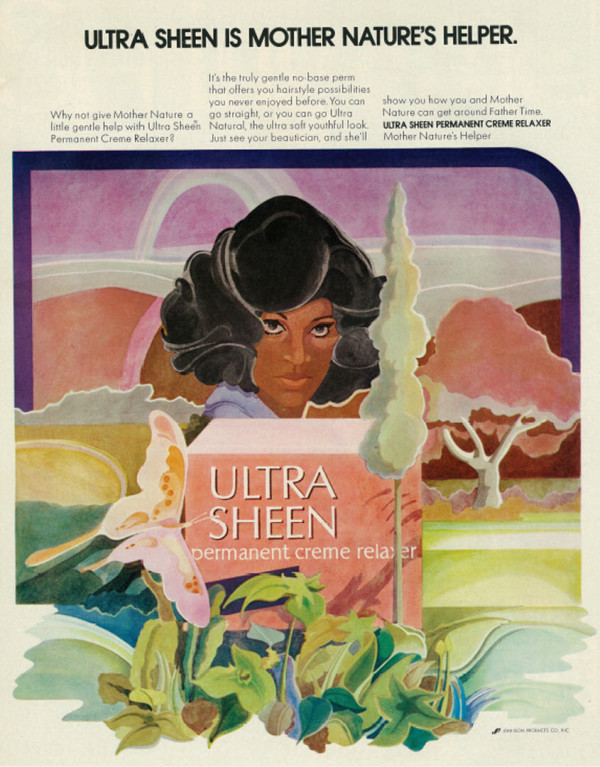 Propaganda de um produto para alisar o cabelo, onde se lê "Ultra Sheen é o ajudante da mãe natureza".
