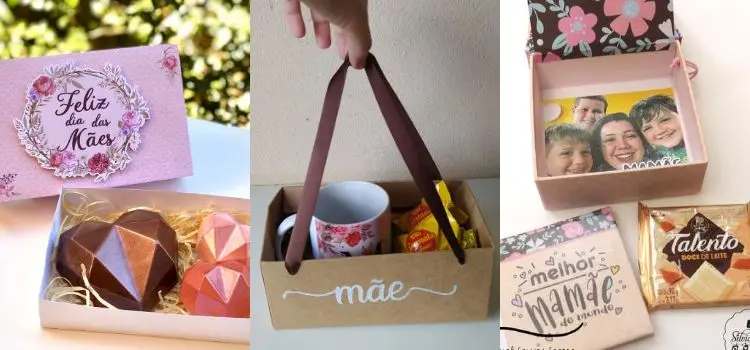 Montagem com 3 ideias de caixas de chocolates personalizada com sabores e recheios para lebrancinha de Dia das Mães: "Caixa de chocolate feito em casa", "Caixa de chocolates com bombons serenata e caneca", "Caixa de  de chocolates com bombom talento e foto da família
