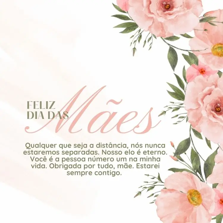 Cartão virtual de fundo branco com flores rosa e frase "Qualquer que seja a distância, nós nunca estaremos separadas. Nosso elo é eterno. Você é a pessoa número um na minha vida. Obrigada por tudo, mãe. Estarei sempre contigo. Feliz Dia das Mães!"