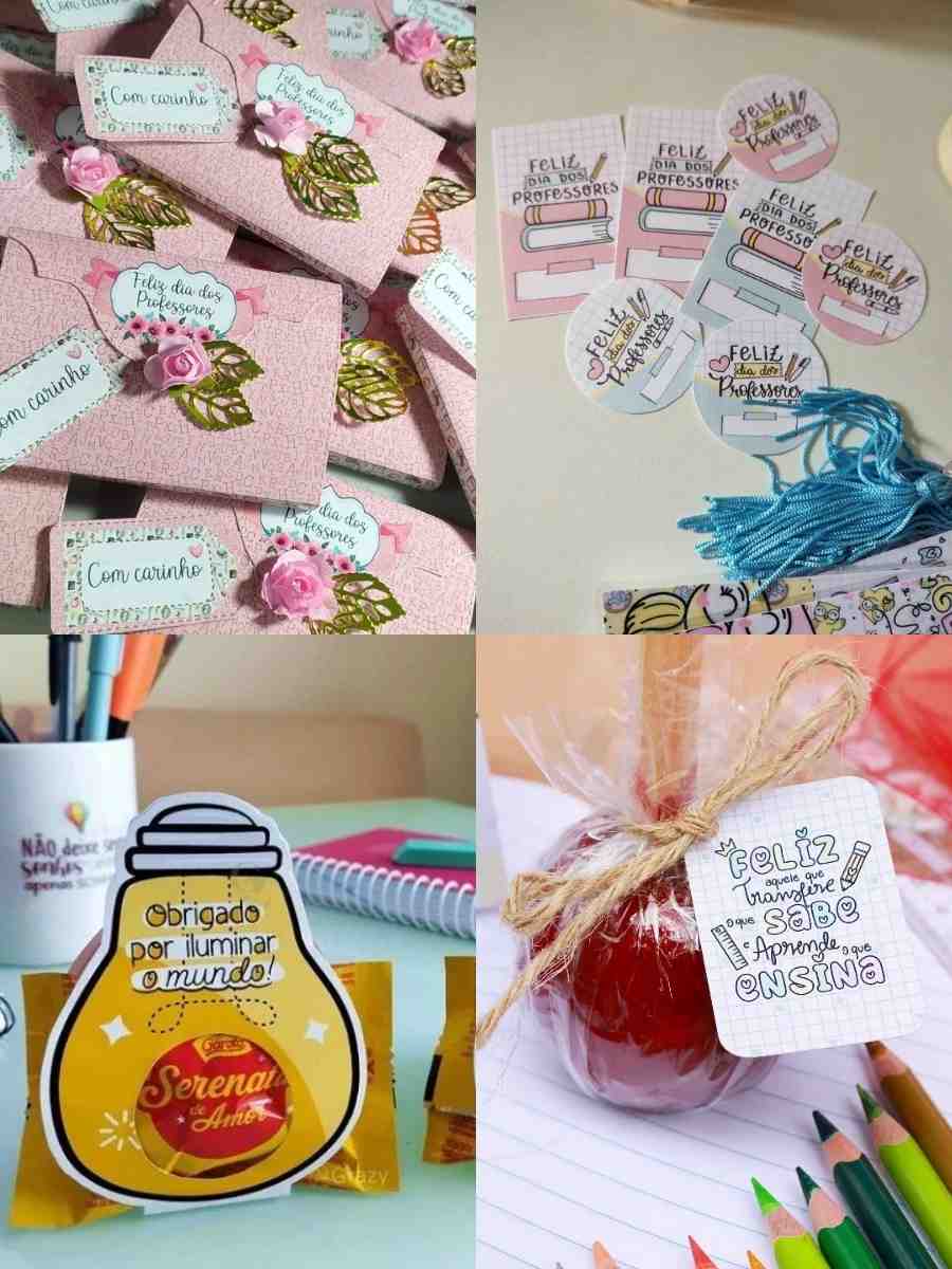 4 imagens em 1 montagem: cartões diferentes para Dia dos Professores: tags, carta personalizada, cartão com bombom e cartão com maça do amor.