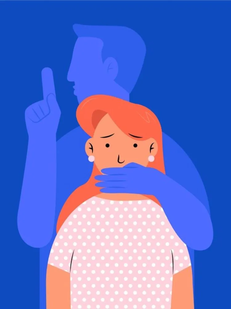 Desenho de sombra de homem azul silenciando mulher