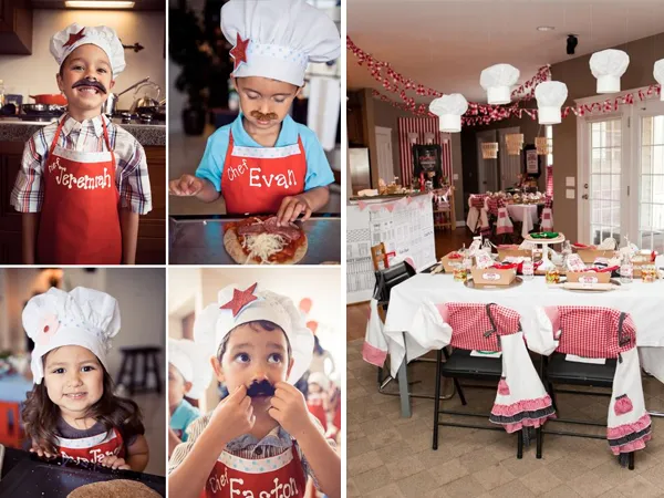 Montagem com 5 fotos, sendo 4 de crianças com avental e touca de cozinheiro e uma de mesa decorada com xadrez vermelho e branco, toucas de cozinheiro e guloseimas