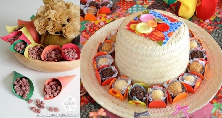 A imagem representa chapéu de palha decorado com doces como beijinho e brigadeiro em volta