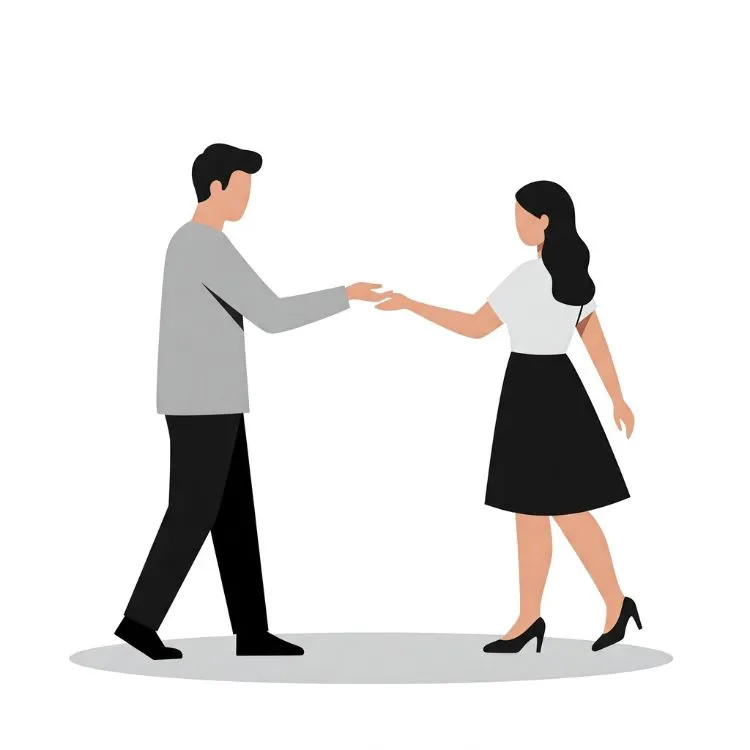 Desenho minimalista de um homem e uma mulher se cumprimentando ou dançando. O homem veste camisa cinza e calça preta; a mulher, blusa branca e saia preta. Ambos estão em um fundo branco, com sombras discretas.


Fontes





