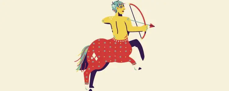 Fundo bege com símbolo do signo de Sagitário com horóscopo de hoje