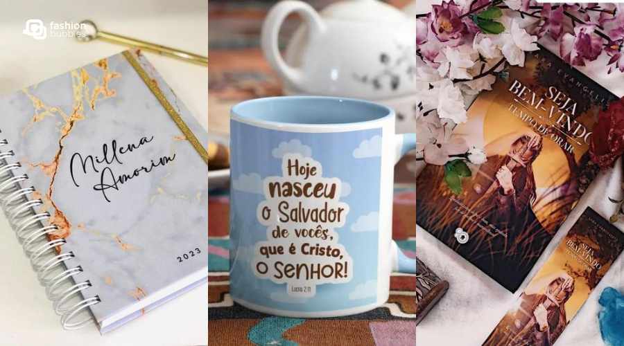 Montagem com 3 fotos, uma de agenda com estampa marmorizada, outra de caneca estampada de céu com frase "Hoje nasceu o Salvador de vocês, que é Cristo, o Senhor" e outra de livro "Seja bem-vindo - Templo de orar"