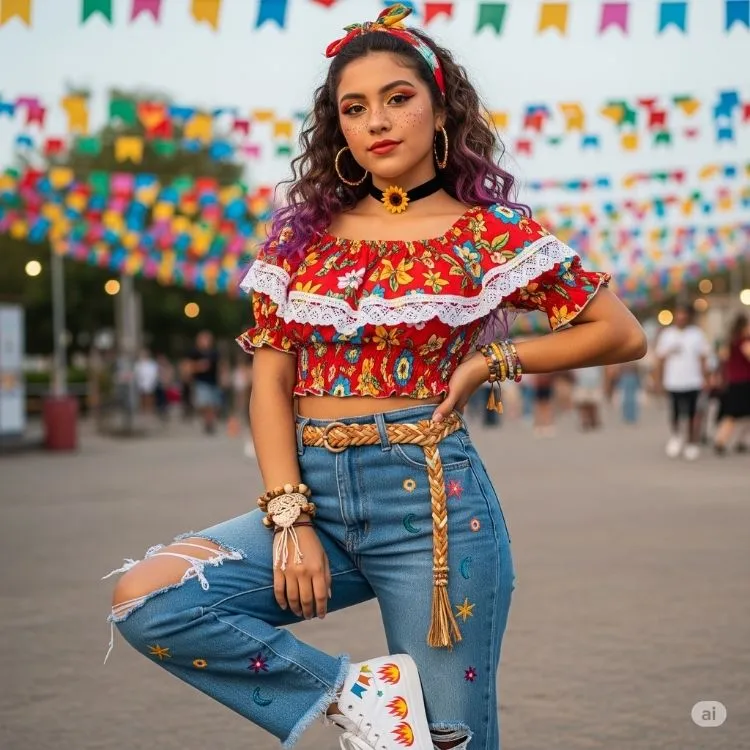Uma jovem sorridente com cabelos cacheados e mechas roxas posa em um ambiente festivo ao ar livre, possivelmente no Brasil, dada a decoração colorida de bandeirinhas e a vestimenta que lembra trajes de festa junina. Ela veste um cropped vermelho floral com detalhes brancos, jeans rasgados bordados com flores, cinto trançado, pulseiras e um colar com um girassol.

