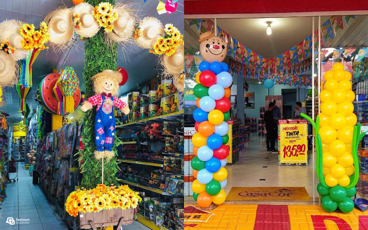 Montagem com 2 ideias de vitrine de festa junina, com chapéus de palha e balões.
