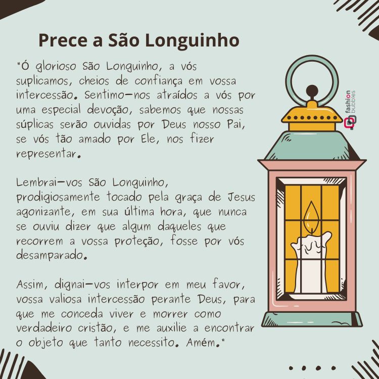Imagem com fundo em tom pastel, apresentando a oração "Prece a São Longuinho" em texto centralizado. À direita, uma ilustração de lanterna com vela acesa. Elementos decorativos discretos complementam o design, promovendo espiritualidade e devoção ao santo.