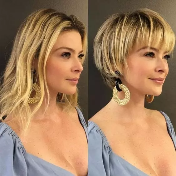 Antes e depois corte de cabelo curto com franja
