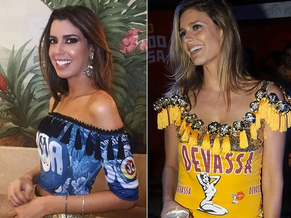 Montagem com duas fotos. Uma de mulher de pele clara com abadá azul customizado ombro a ombro com detalhes pretos. Outra de Fernanda Lima com abadá amarelo customizado com pedraria e franjas
