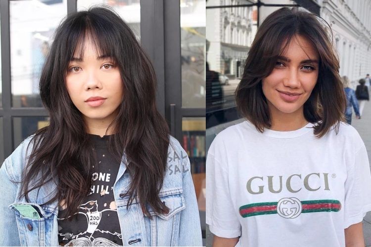 Duas fotos de mulheres com franja cortininha cabelo liso, uma com cabelo longo