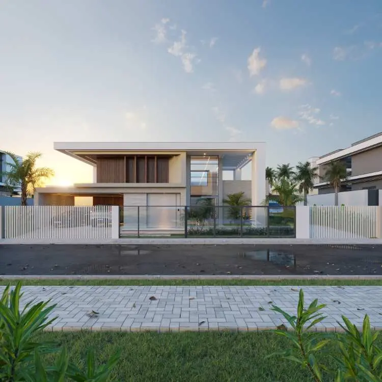 Fachada moderna de casa com linhas retas e telhado plano. Portão e cerca brancos com design minimalista. Elementos em madeira, grandes janelas de vidro e paisagismo tropical complementam. Ambiente iluminado e sofisticado, destacando harmonia com arquitetura contemporânea.