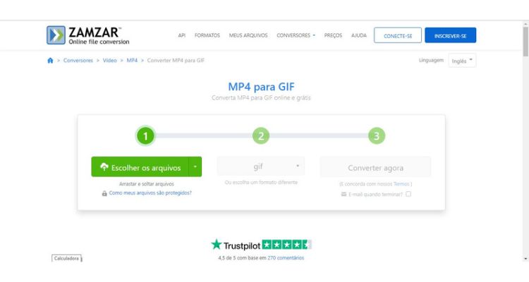 print do site Zamzar, para transformar vídeo em GIF