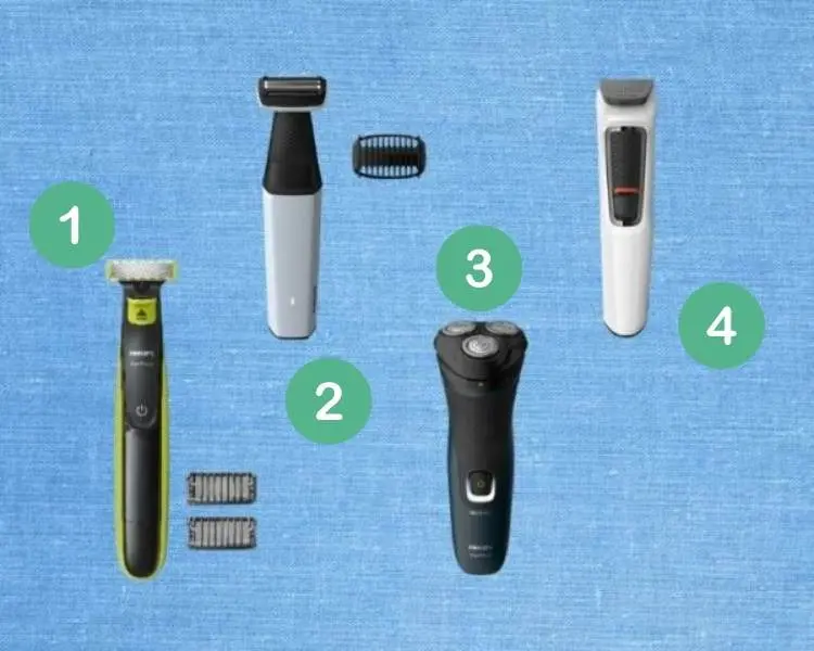 Foto de 4 modelos de aparadores de pelos da marca Philips, opções de lançamentos para presente de Dia dos Pais.