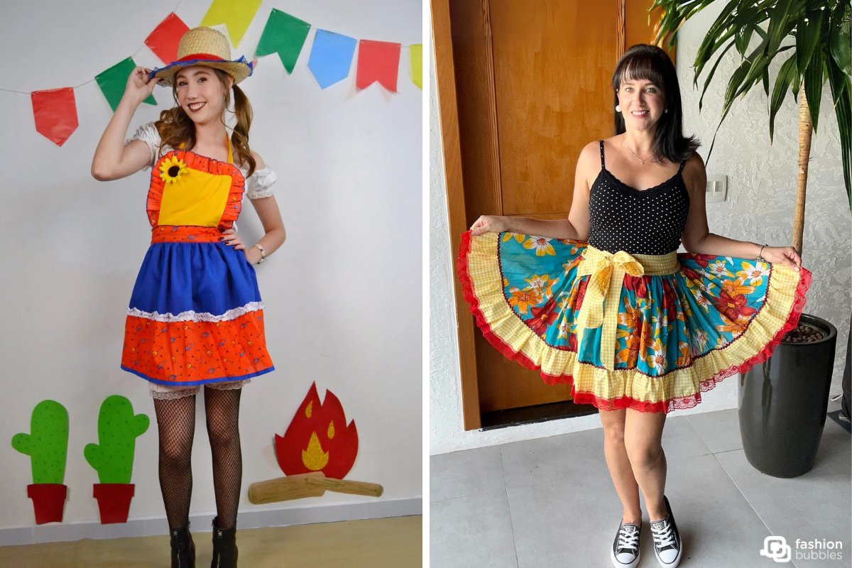 Montagem com duas fotos de mulheres de pele clara usando aventais juninos. A primeira está em frente a uma parede com bandeirinhas coloridas e cactos, usando chapéu de palha e avental junino amarelo, azul e vermelho. A outra usa uma regata preta e avental de saia junino em azul e amarelo