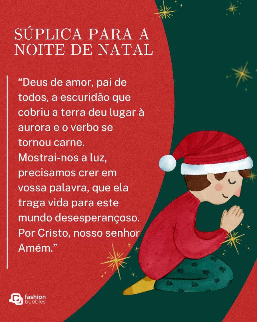 Ilustração com criança ajoelhada rezando e uma súplica de natal