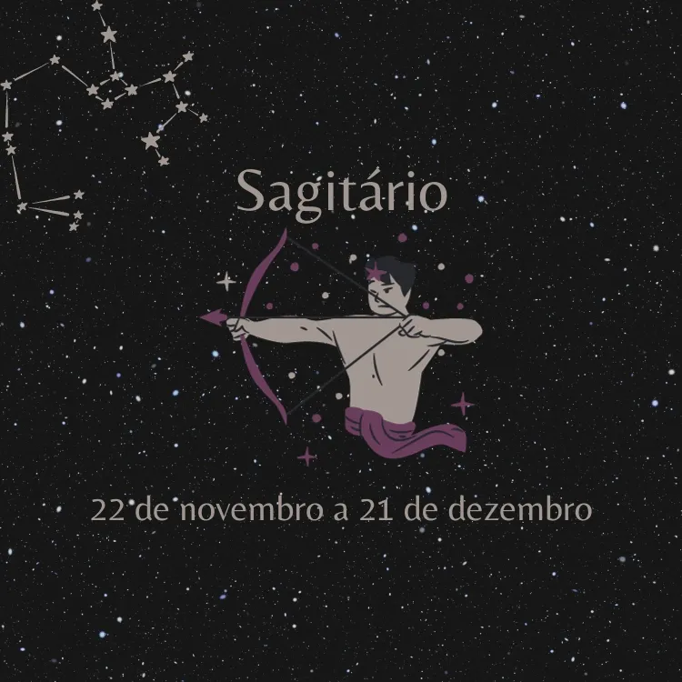 fundo estrelado com o símbolo e as datas do signo de Sagitário