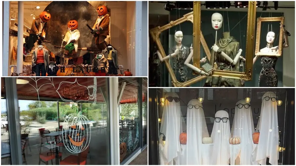 Montagem com 4 fotos de vitrines de halloween, com abóboras, fantasmas e manequins sem cabeça