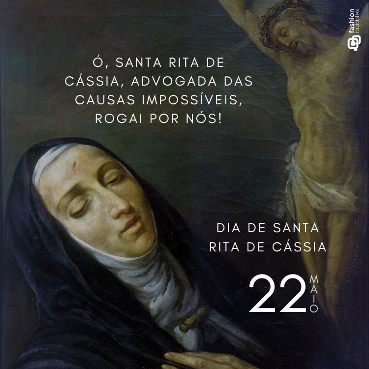 Ilustração de Santa Rita de Cássia com olhar sereno, usando hábito e mostrando o estigma na testa. Ao fundo, imagem de Cristo crucificado. Texto destaca: “Ó, Santa Rita de Cássia, advogada das causas impossíveis, rogai por nós!”.