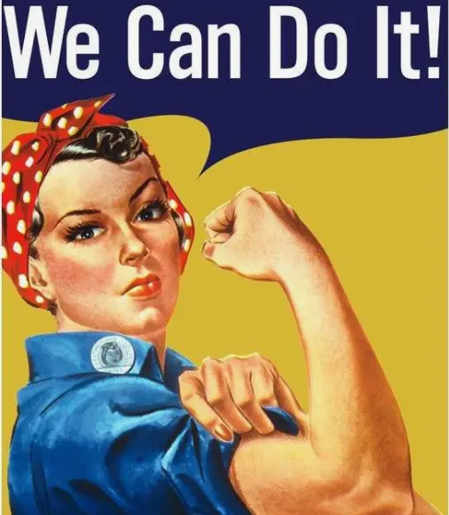 pintura vintage de mulher em fundo amarelo com dizeres em inglês "we can do it"