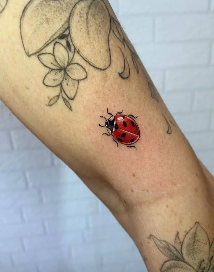Braço tatuado com flores em fineline e joaninha colorida
