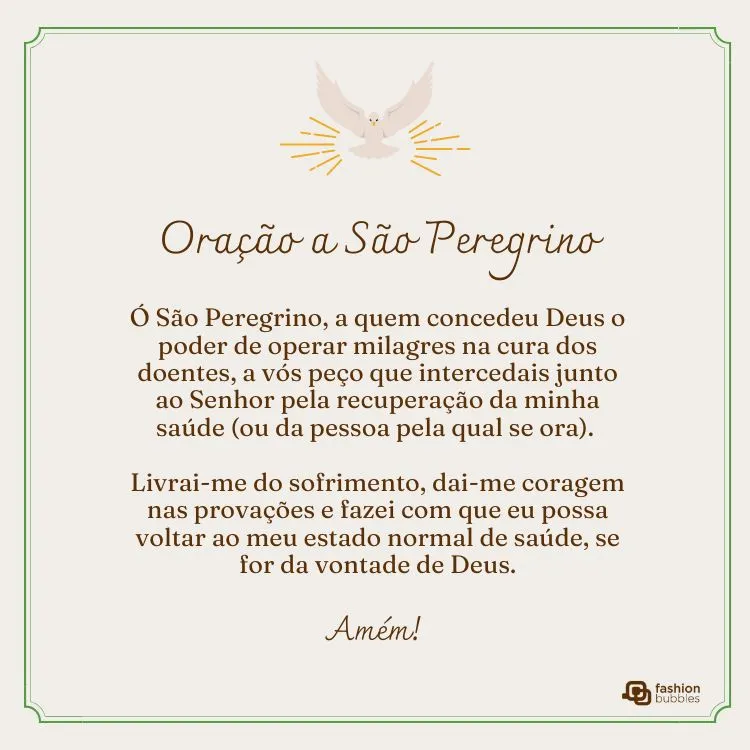 Oração a São Peregrino escrita em fundo cinza com desenho de pomba branca