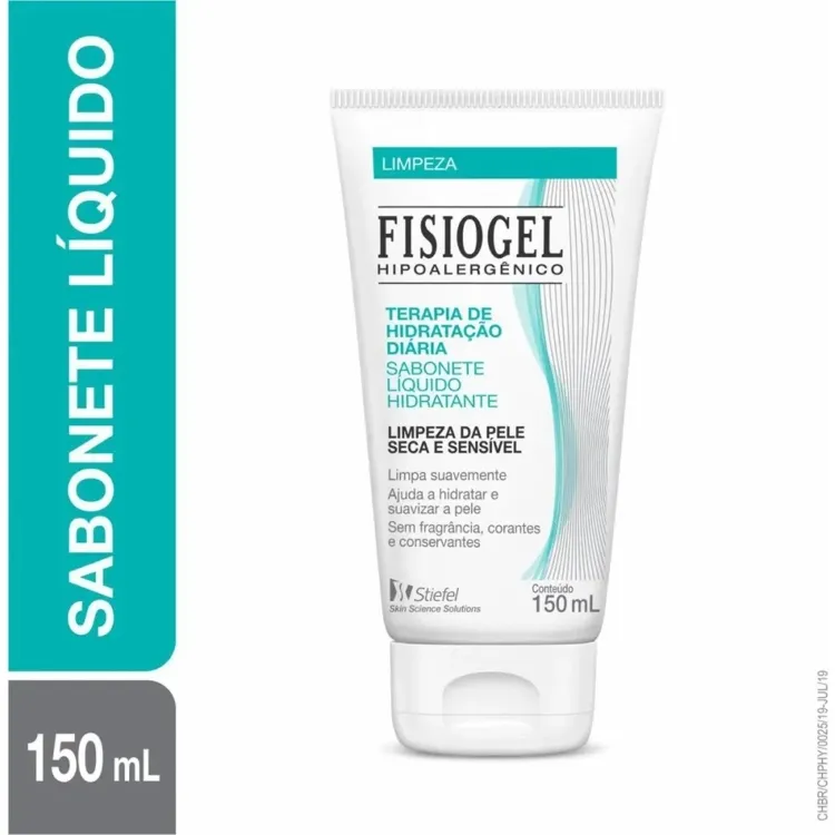 A imagem apresenta o Sabonete Líquido Fisiogel Hipoalergênico, em embalagem branca com detalhes em azul e verde. O rótulo destaca "Terapia de Hidratação Diária" e "Limpeza da Pele Seca e Sensível", com informações sobre ausência de fragrância e corantes. O volume é de 150 mL.








