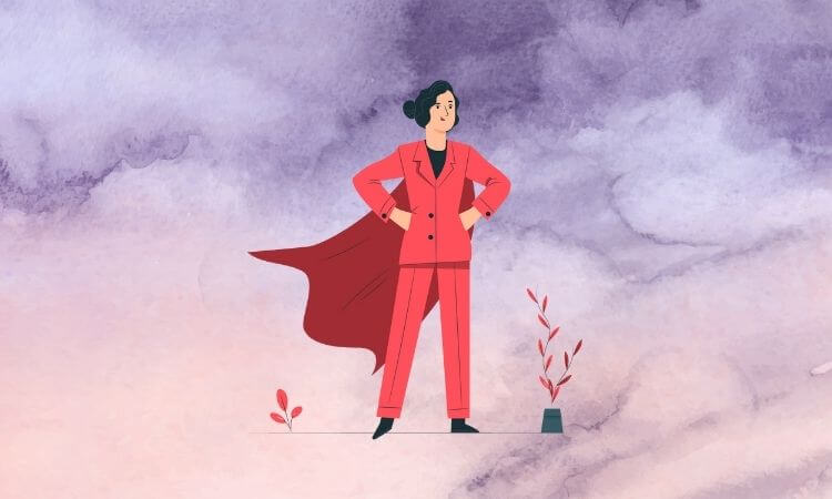 como se livrar da Síndrome de Impostora, mulher de negócios com capa e pose de heroína como se livrar da Síndrome de Impostora