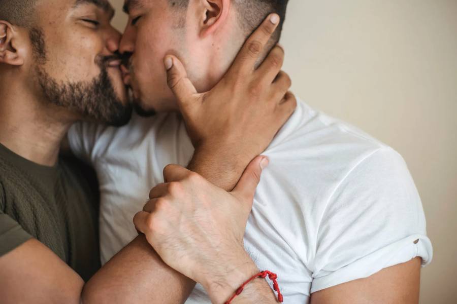 casal se beijando. Um dos homens usa camiseta cinza e o outro, camiseta branca