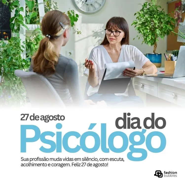 Foto de mulher de pele clara com prancheta conversando com menina de pele clara e frase: Sua profissão muda vidas em silêncio, com escuta, acolhimento e coragem. Feliz 27 de agosto!