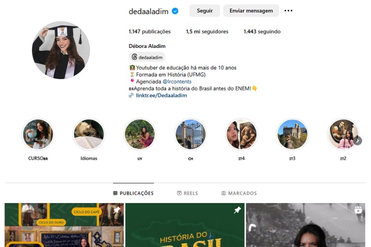 Captura de tela do perfil de Débora Aladim no Instagram 