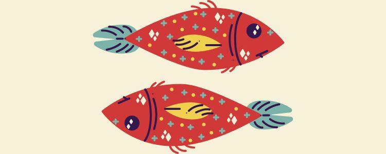 Fundo bege com símbolo do signo de Peixes com horóscopo de hoje