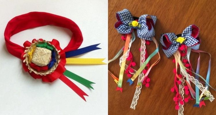Adereço de festa junina com laços e fitas coloridas