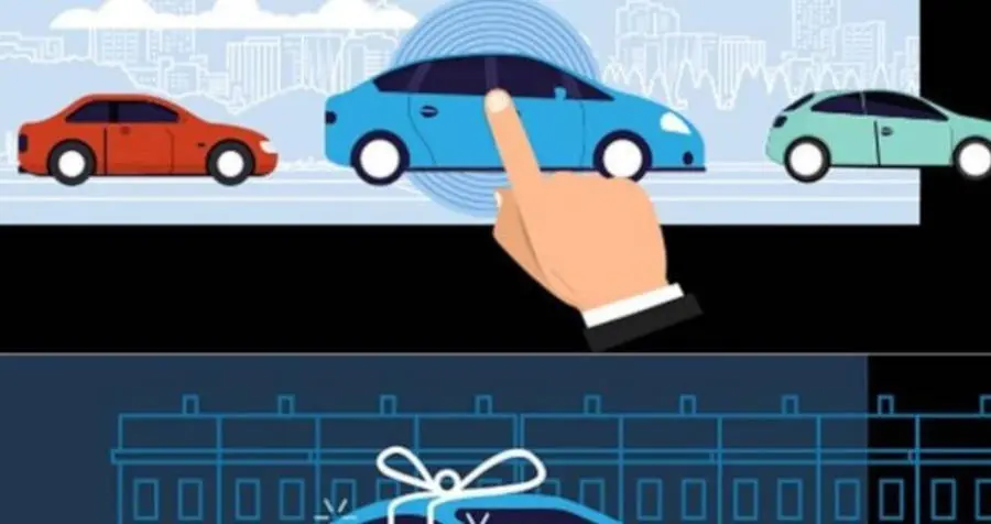 Ilustração de carros, com um carro vermelho, um azul e um verde, com um dedo clicando no carro azul, abaixo metade de uma imagem com um carro embrulhado para presente, em uma cidade