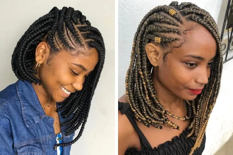 Montagem com 2 ideias de Trançado africano rente no couro cabeludo, cabelo médio