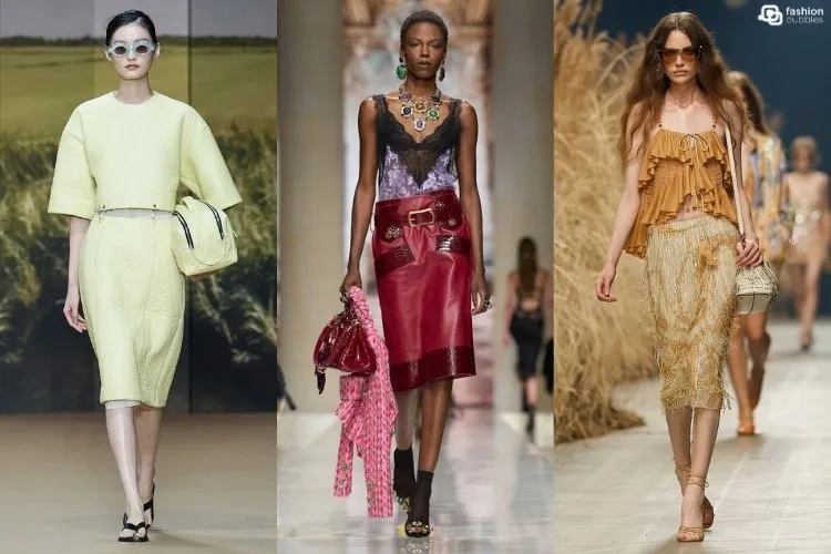 Modelos na passarela usando look com saia-lápis, uma das tendências da Semana de Moda de Milão Primavera Verão 2027