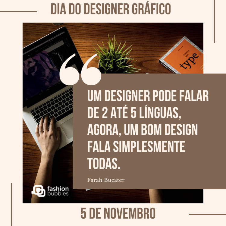 Cartão virtual com detalhes bege, foto de pessoa de pele clara mexendo no computador e frase "“Conheça seu produto por dentro e por fora antes de começar a trabalhar. E relacione esse conhecimento com as necessidades do consumidor.” - Bill Bernbach