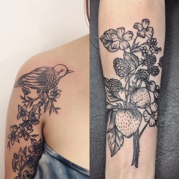 tattoo de pé de morango e de galho com pássaro, cor preto