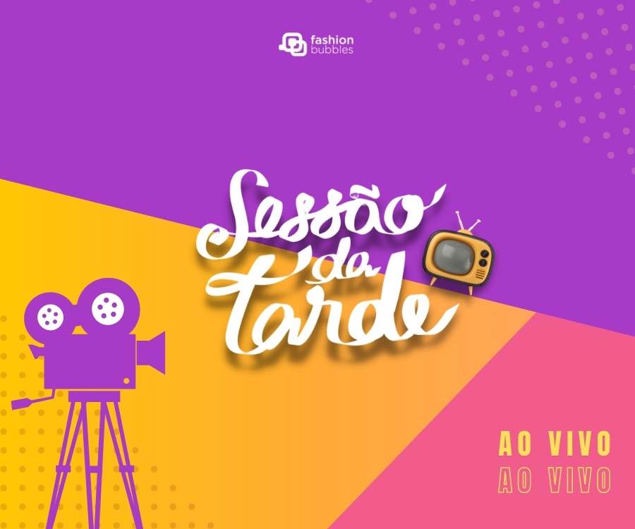 Logo da atração de filmes e desenhos de TV e câmera. Fundo cores roxo, amarelo e rosa.