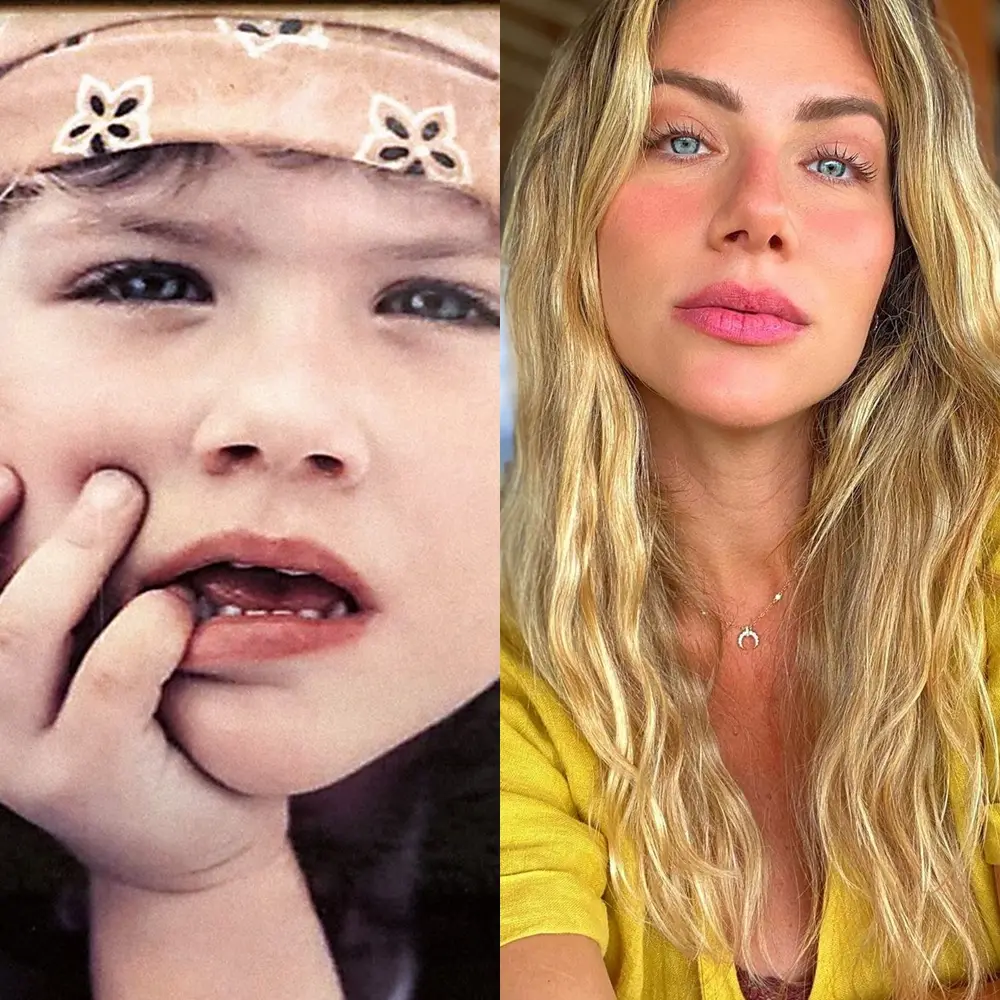 Foto de Giovanna Ewbank quando criança e agora adulta