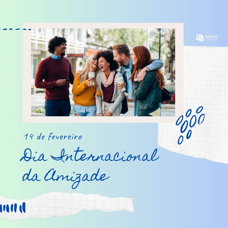 Cartão virtual de fundo gradiente de verde para azul com foto de amigos de diferentes tons de pele, imitação de scrapbook com colagens  e frase "14 de fevereiro - dia internacional da amizade"