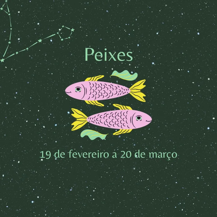 fundo estrelado com o símbolo e as datas do signo de Peixes