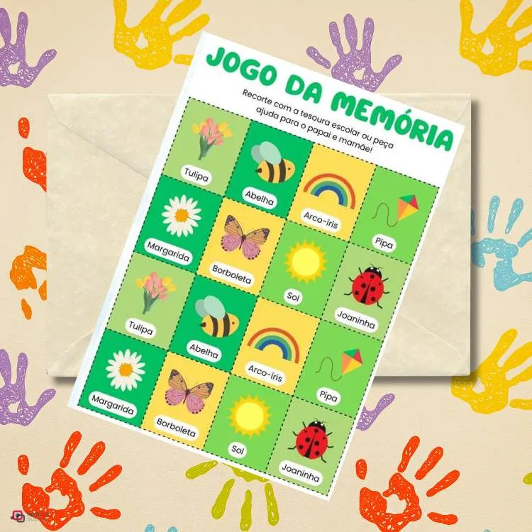 Modelo Jogo da Memória sob envelope em fundo com mãozinhas de tinta