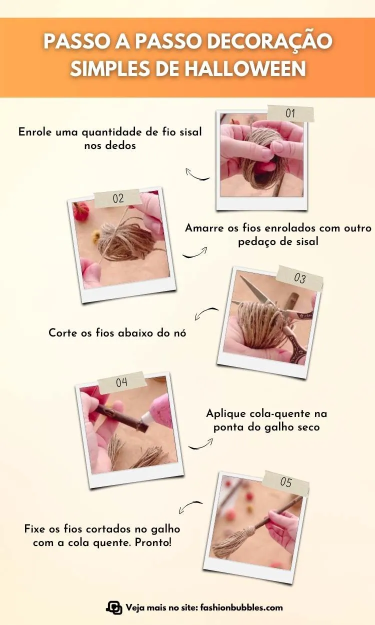Montagem com 5 passos de como fazer vassoura de bruxa para decoração simples de Halloween